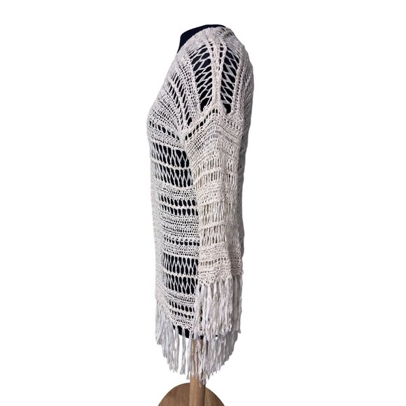 Crochet Open Front Fringe Cardigan Sweater By Kiwitucker S 100% Cotton Beige Lig - Picture 2 of 12